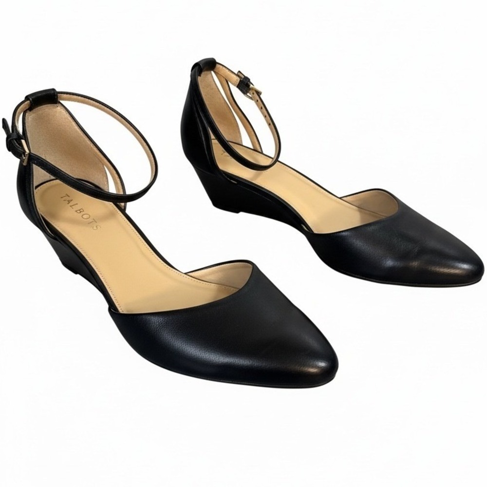 Talbots Womens Black Leather Pointed Toe Wedge Ankle Strap Pumps Size 11M